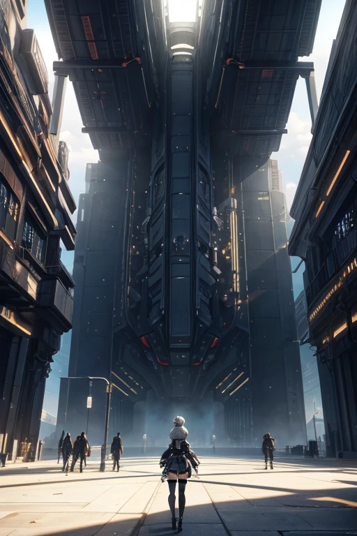 A person standing in front of a building in an anime scene, inspired by NieR: Automata. The scene depicts the character 2B in the futuristic spaceship-styled environment from NieR: Automata. The artwork is created using digital illustration techniques, resulting in a high-resolution and realistic image. The overall color tone is mostly cool with a touch of vibrant and vivid colors in certain areas. The lighting is dramatic, with a strong emphasis on highlights and shadows to create a dynamic atmosphere.

Tags: 2B, anime, futuristic, spaceship-styled environment, digital illustration, high resolution, realistic, vibrant colors, dramatic lighting.