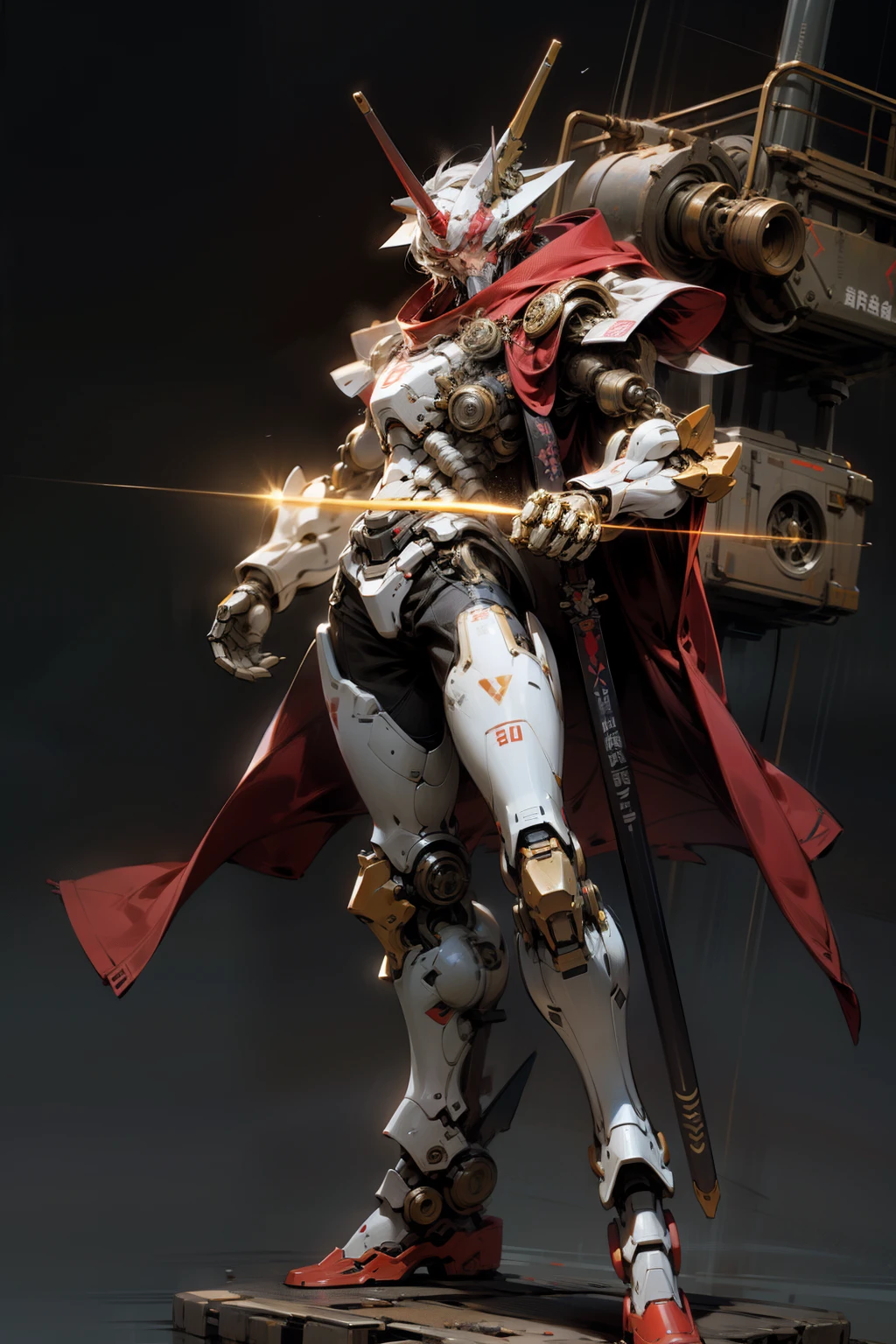 Bokeh，Standing on the ruins of an ancient building，Super detailed，official art，8k，32k wallpapers，Mecha，龙型高达Mecha，The fuselage has red and gold glyphs，red cloak，Lean body，Ancient Mechanical General，panoramic shot，battlefield background，Chinese style，More mechanical details，national current，Facial detail optimization，lightsabers
