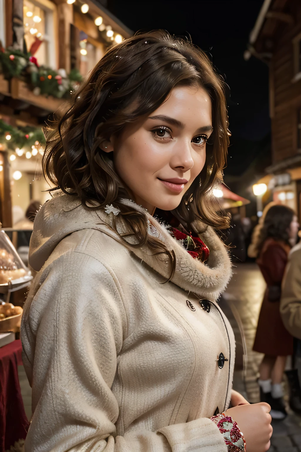 Breathtaking cinematic photo of a 25 year old girl with brown hair and brown eyes, happy, cheerful expression, closed mouth, beautiful lips, intricate details, shallow depth of field, highly detailed, high budget, epic Hollywood film, gorgeous, masterpiece, award-winning, professional, highly detailed, detailed skin texture, (blush: 0.5), (goosebumps: 0.5). (the most beautiful woman in the world) (brown hair) (short curly hair, wild hair, stylish cut) thin face, thin nose, beautiful, very beautiful, perfect face, slender body (slender), (brown hair) (brown eyes ) (white skin) Beautiful body, western face, predatory eyes, pink lips, thick thighs. full body, western beauty, thin nose, beautiful, perfect, ((best quality)), ((ultra resolution)), ((photorealistic: 1.4)), (intricate details), perfect face, makeup: 1.5 , clear face, facial details. The travel model enjoys a peaceful moment at a lakeside café in Hallstatt. She's dressed in an elegant winter coat and a cozy scarf, her hair casually flowing. In this festive evening scene, the travel model explores the Christmas Market in Hallstatt. She's dressed in a festive winter dress and a faux fur coat, her hair adorned with a seasonal hairpiece. The market stalls are lit with warm lights, and the scent of mulled wine fills the air. The backdrop includes the charming Christmas decorations and the snowy alpine scenery.