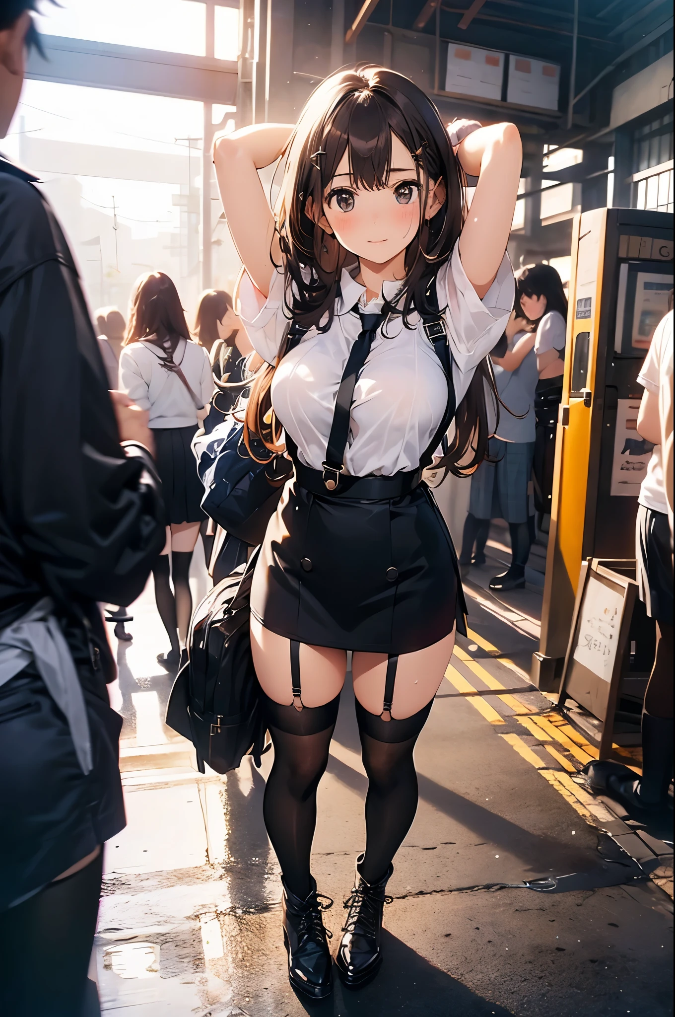 brown hair、looking at the viewer suspenders Bulging big breasts Black miniskirt garter belt knee high socks Gaze small face bangs Beauty hands up Gaze black boots provocation armpit sweat one person put your hands behind your back cutter shirt Panty shot