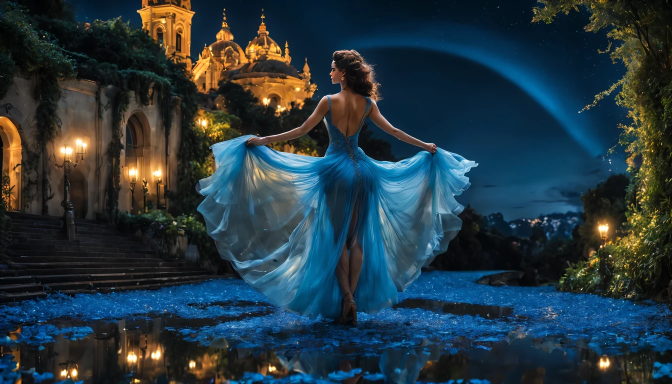 ccurate, best quality, master part, UHD, detalhes altos, Concedido, (Amazing:1.1), (surRealismo), arte conceitual, Realismo, Cinematic lighting, Floating ruins in the sky, (((belo jardim de flores))), horizonte, blue skies, Paradisiacal scenery, flor, fluxo de vento, (((fantasia))), fronteira, (magnificent space), blurry foreground, Bokeh, Hasselblad, Reflexo da lente, beautiful young lady (Catherina Zeta Jones), (27 anos), ((((corpo inteiro)))), from behind, she is dancing, sem olhar para mim, (((usando vestido longo Azul))), olhos negros, cabelos pretos, (cabelos flutuantes), ((8 tamanho natural)), penteados detalhados, linha de corpo detalhada, anatomicamente correto,
