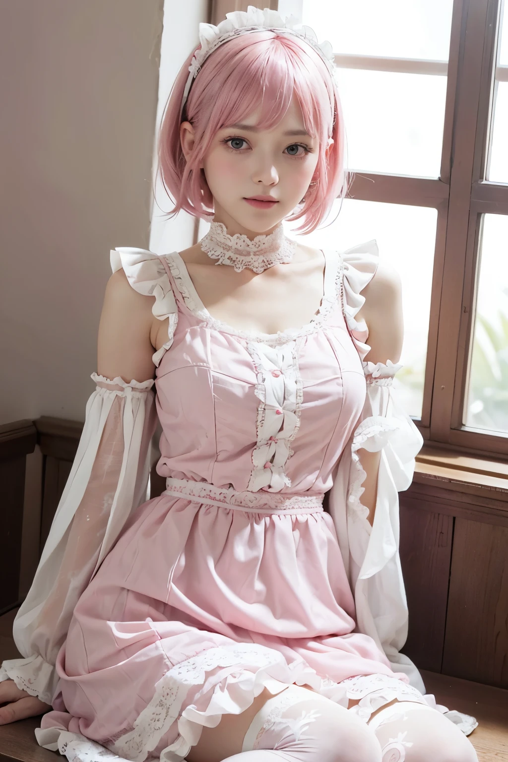 (8K, top-quality, masterpiece:1,2), (reallistic, Photorealsitic:1.37), Super Detail, One girl,), (Highly detailed), (beautifully detailed eyes), (of the highest quality), (super detailed ), (masterpiece), (Detailed face),20yr old, ,1 girl, ((pink hair,Very short hair)), medium breasts, clothed, Perfect Lighting, BREAK (pink and white gothic ta dress:1.4), white frill cardigan with pink lace and ribbons, white lace blouse and pink vest, white frill skirt with pink lace and ribbons, pink rose embroidery on the hem of the skirt, A-line silhouette, white lace knee socks, white loafers with pink ribbons, pink ribbon headband, white pearl necklace, BREAK bangs on left side, right ear exposed, fluffy back hair, gentle smile, looking at camera, slightly raised mouth corners, slightly red cheeks, right hand crossed in front of chest, left hand lightly lifting skirt hem, slightly forward shoulders, straight back, slightly tilted head, white wall with pink floral curtains, natural light from window, soft shadows