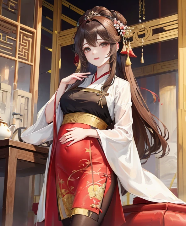 masterpiece, best quality, aldult, Chinese style, China, elder sister, Smile, brown hair, princess cut, Full of motherhood,China传统服饰,Pure affection,blush,Dignified yet lively,Mother,Place your hands on your stomach,Full of motherhood,Sexy,charming,Graceful and graceful,A thousand flavors,charming,With a royal air,long hair,With hairpins,Long Hanfu,beautiful,beautiful,The hand caressed the belly,charming的,眼神Lovely,Lovely,Black tights,Tall and tall