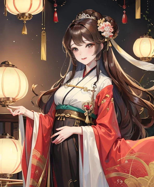 masterpiece, best quality, aldult, Chinese style, China, elder sister, Smile, brown hair, princess cut, Full of motherhood,China传统服饰,Pure affection,blush,Dignified yet lively,Mother,Place your hands on your stomach,Full of motherhood,Sexy,charming,Graceful and graceful,A thousand flavors,charming,With a royal air,long hair,With hairpins,Long Hanfu,beautiful,beautiful,The hand caressed the belly,charming的,眼神Lovely,Lovely,Black tights,Tall and tall