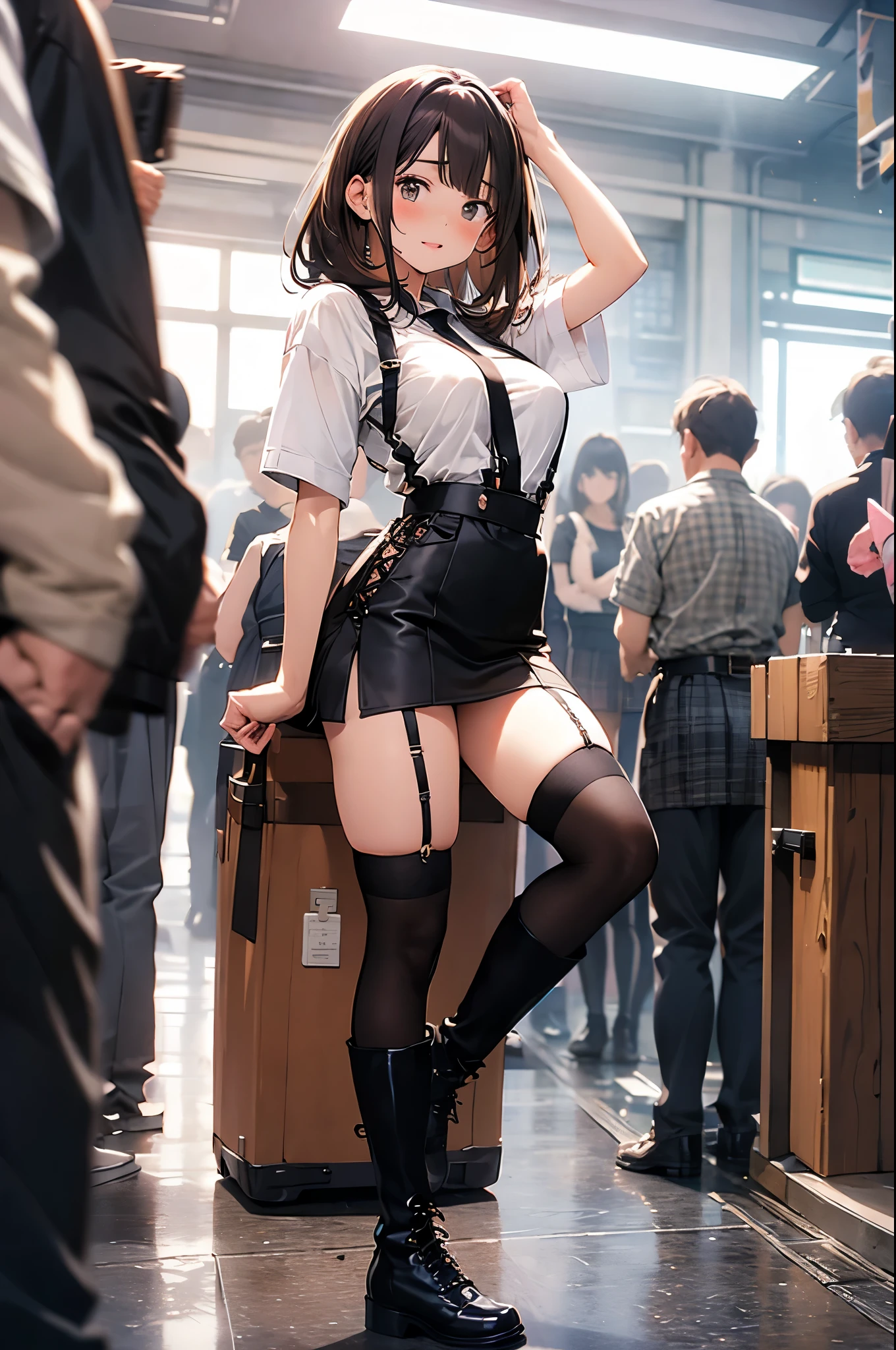 brown hair、looking at the viewer suspenders Bulging big breasts Black miniskirt garter belt knee high socks Gaze small face bangs Beauty hands up Gaze black boots provocation armpit sweat one person put your hands behind your back cutter shirt Panty shot