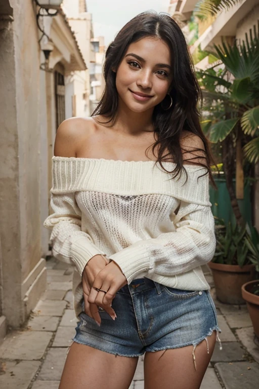 mandy kay, cabello largo, 20 years old, sonriente, off-shoulder sweater, perfect dynamic composition, hermosos ojos detallados. cara sexy, mirada cautivadora, confianza 