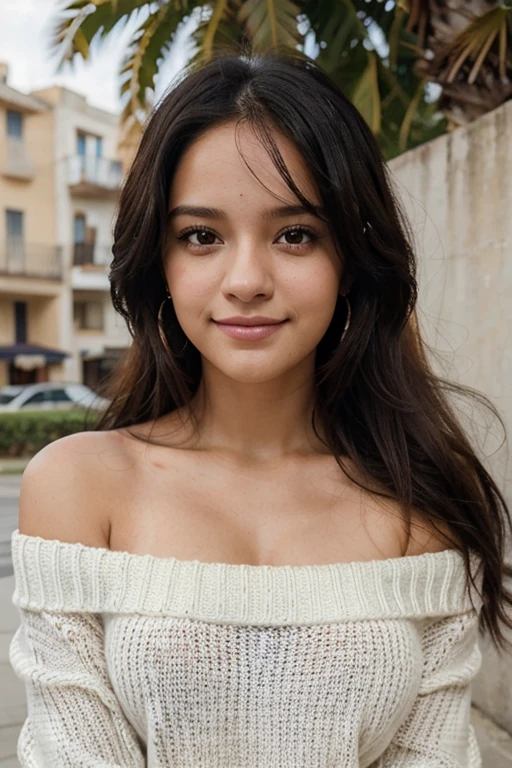 mandy kay, cabello largo, 20 years old, sonriente, off-shoulder sweater, perfect dynamic composition, hermosos ojos detallados. cara sexy, vista 3/4,looking to the camera