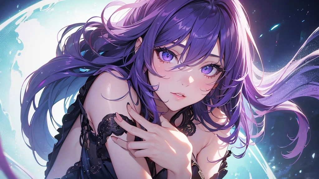 masterpiece,high quality,best quality,4k,super detailed,4k,focus sharp,(face),head,absurdres, highres, ultra detailed, (girl:1.3), (evil:1.5, BREAK , watercolor style, soft blending,expressive eyes, purple hair, perfect face, one arm behind head, armpit pose detailed,rainy days,1girl, official, purple eyes,