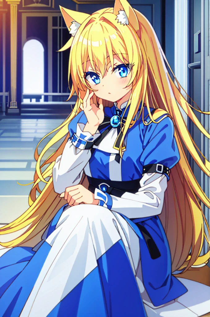 blue eyes、blonde、cat ears、low length、sitting pose、resting on chin