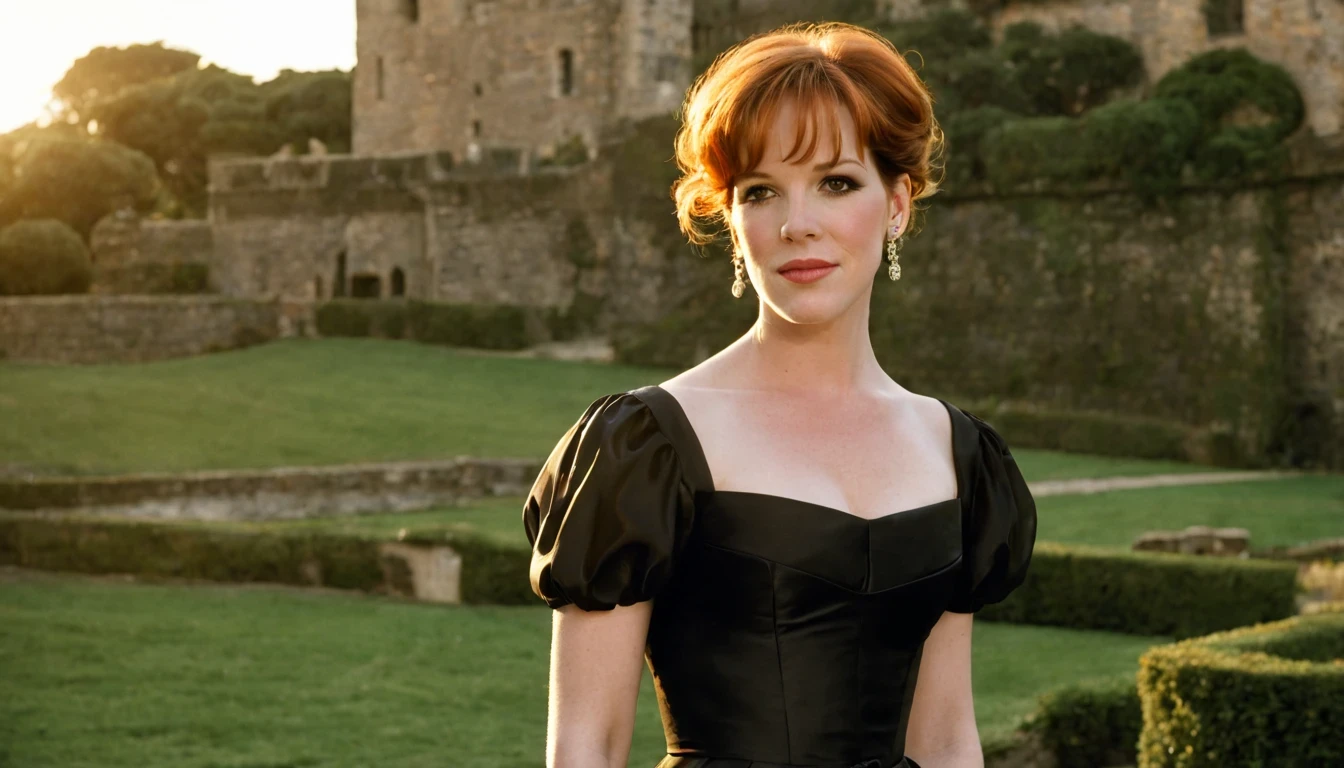 Beautiful girl "Molly Ringwald", full body dress Black silk dress delicate and beautiful, em um cenario mediaval, em frente ao castelo, com um lindo pôr do sol ao fundo.