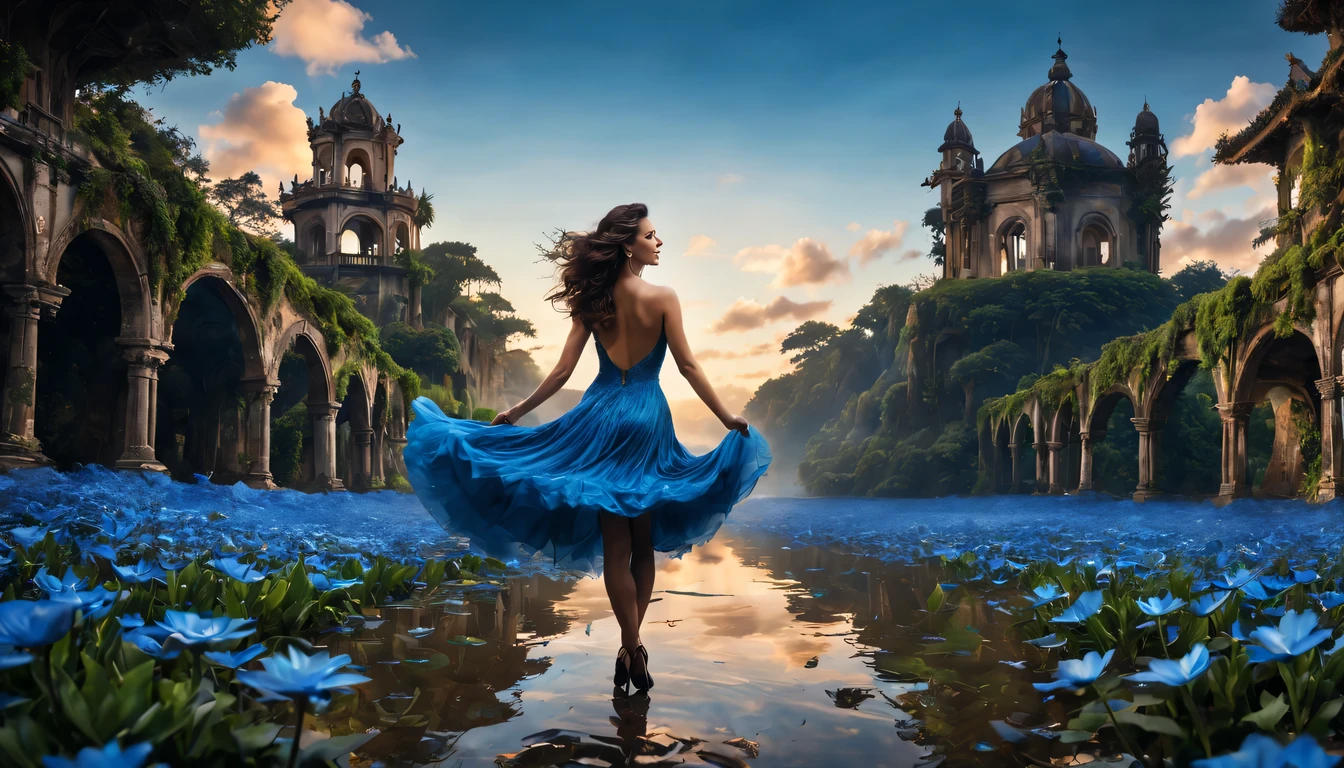 ccurate, best quality, master part, UHD, detalhes altos, Concedido, (Amazing:1.1), (surRealismo), arte conceitual, Realismo, Cinematic lighting, Floating ruins in the sky, (((belo jardim de flores))), horizonte, blue skies, Paradisiacal scenery, flor, fluxo de vento, (((fantasia))), fronteira, (magnificent space), blurry foreground, Bokeh, Hasselblad, Reflexo da lente, beautiful young lady (Catherina Zeta Jones), (27 anos), ((((corpo inteiro)))), from behind, she is dancing, sem olhar para mim, (((usando vestido longo Azul))), olhos negros, cabelos pretos, (cabelos flutuantes), ((8 tamanho natural)), penteados detalhados, linha de corpo detalhada, anatomicamente correto,