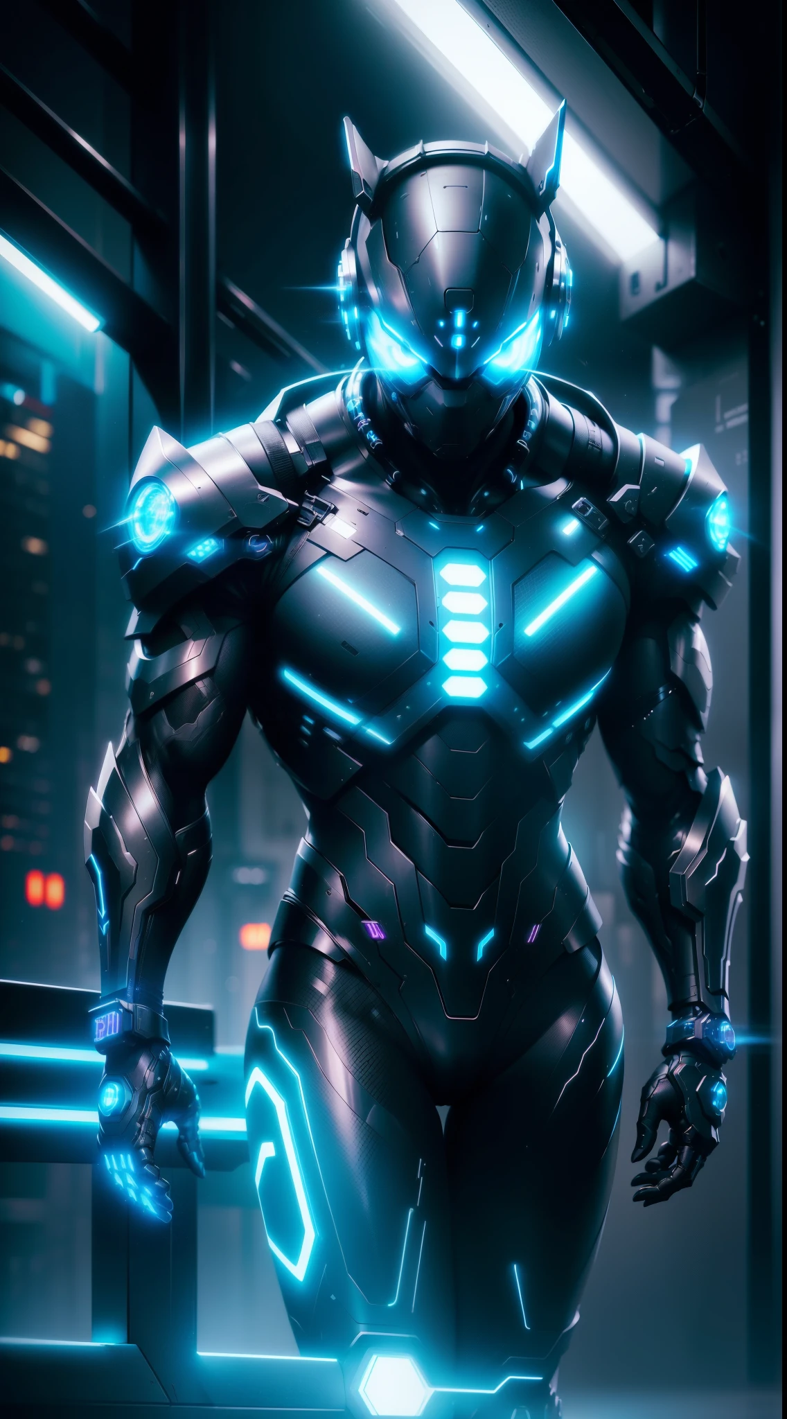 (black,shiny) cybernetic ninja,(best quality,highres),(glowing,emitting)(neon blue)lights,(futuristic,sci-fi,cyberpunk)cultural elements,(sharp focus,ultra-detailed),(acrobatic,fast)movements,(holographic,projected)symbols,(metallic,reflective)surface,throbbing,pulsating.