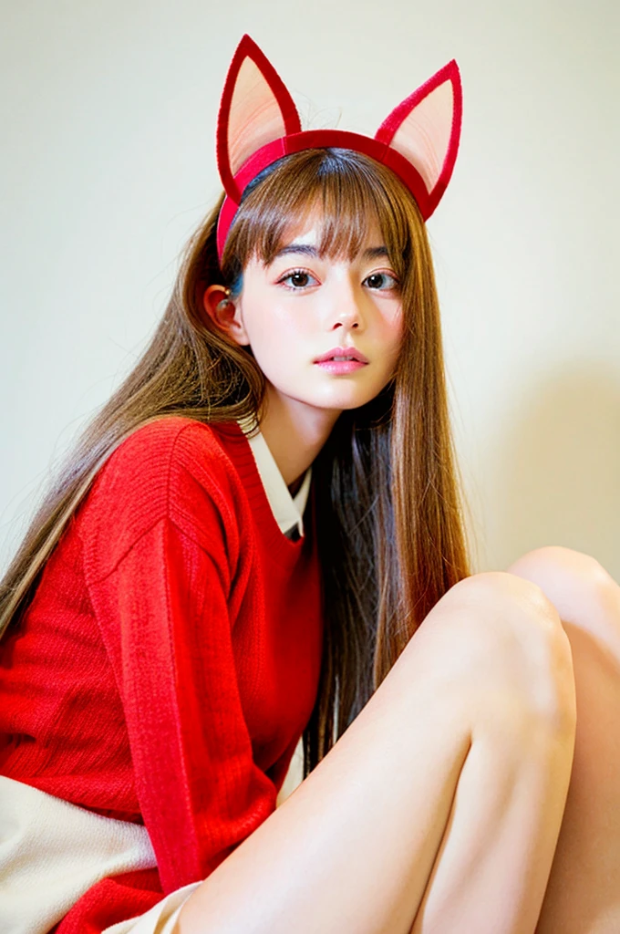red ribbon、brown hair、cat ears、low length、sitting pose、resting on chin