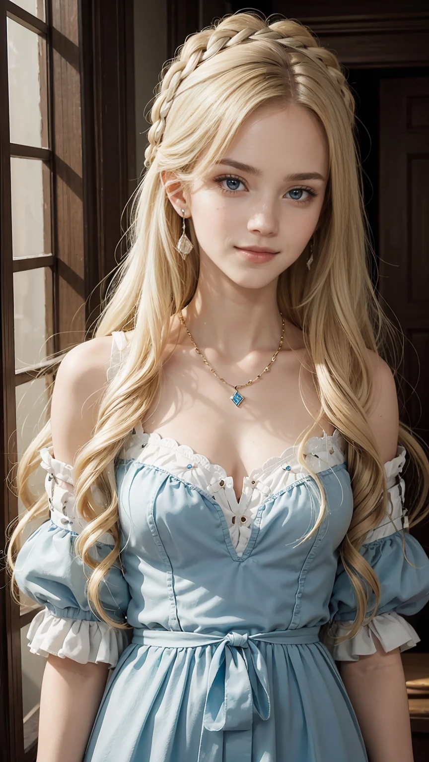 22 year old white female、hair color is blonde、blue eyes、long hair、The ends of the hair are wavy、decorated with ribbons、accessories on wrist、wearing a necklace、has earrings、skin is smooth、Slender but muscular body、smile、Marie Antoinette
