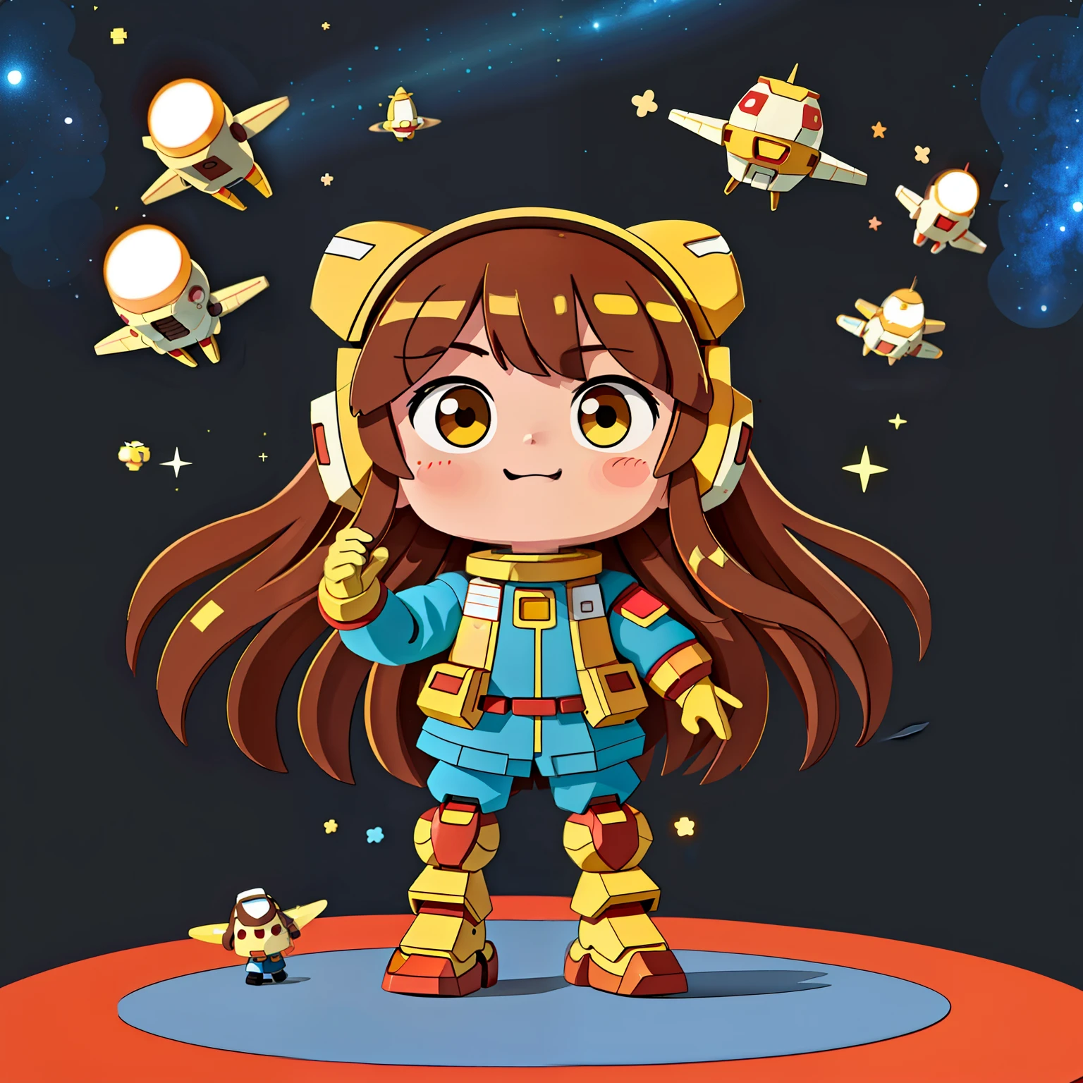 Girl with long brown hair,Put on the Gundam Robot Suit,在星空flight(flight)(In the galaxy),(There is love)happy,Surrounded by love,Surrounded by love,O sign,vector,line art,design,inspiration,straight line,RHAD