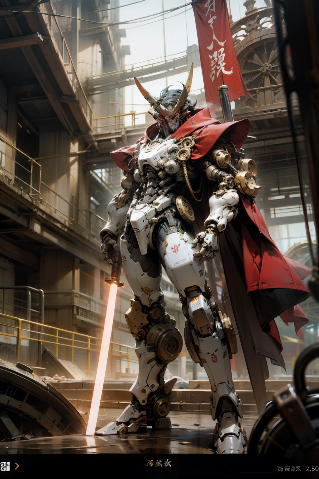 Bokeh，Standing on the ruins of an ancient building，Super detailed，official art，8k，32k wallpapers，Mecha，龙型高达Mecha，The fuselage has red and gold glyphs，red cloak，Lean body，Ancient Mechanical General，panoramic shot，battlefield background，Chinese style，More mechanical details，national current，Facial detail optimization，lightsabers