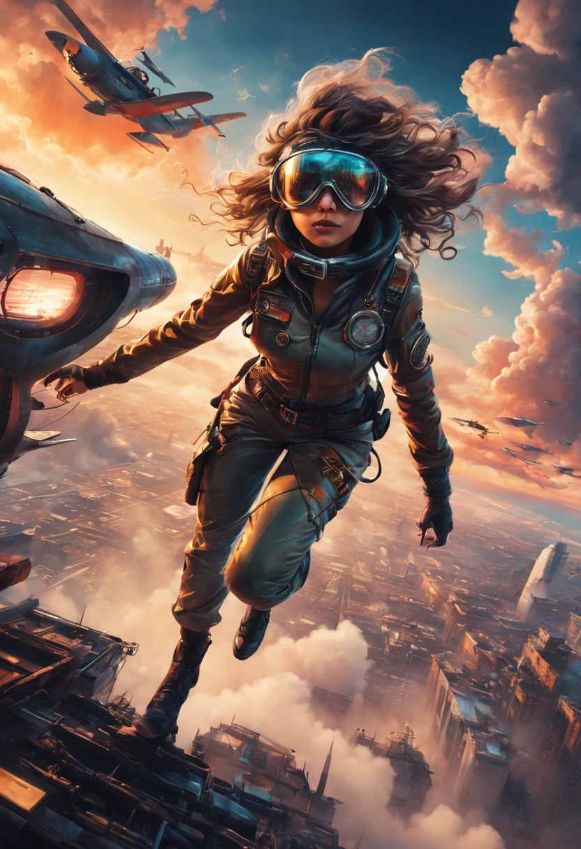 highres,ultra-detailed,retro-futuristic female pilot in the future,aviator goggles,steampunk outfit,adventurous spirit,vintage aircraft,roaring engines,cloud-covered sky,futuristic cityscape,glowing neon lights,metallic surfaces,gritty atmosphere,mysterious shadows,graffiti-covered walls,urban decay,colorful street art,wind-swept hair,confident pose,cockpit controls,emerging from the clouds,hand-painted illustration,contrasting colors,soft focus,ethereal beauty,otherworldly landscape,vibrant energy,lens flares,impressive machinery,adrenaline rush,aerial acrobatics,intense sunset,xenon lights,smoke trails,creative imagination,cinematic composition,emotionally charged,inspiring ambition.