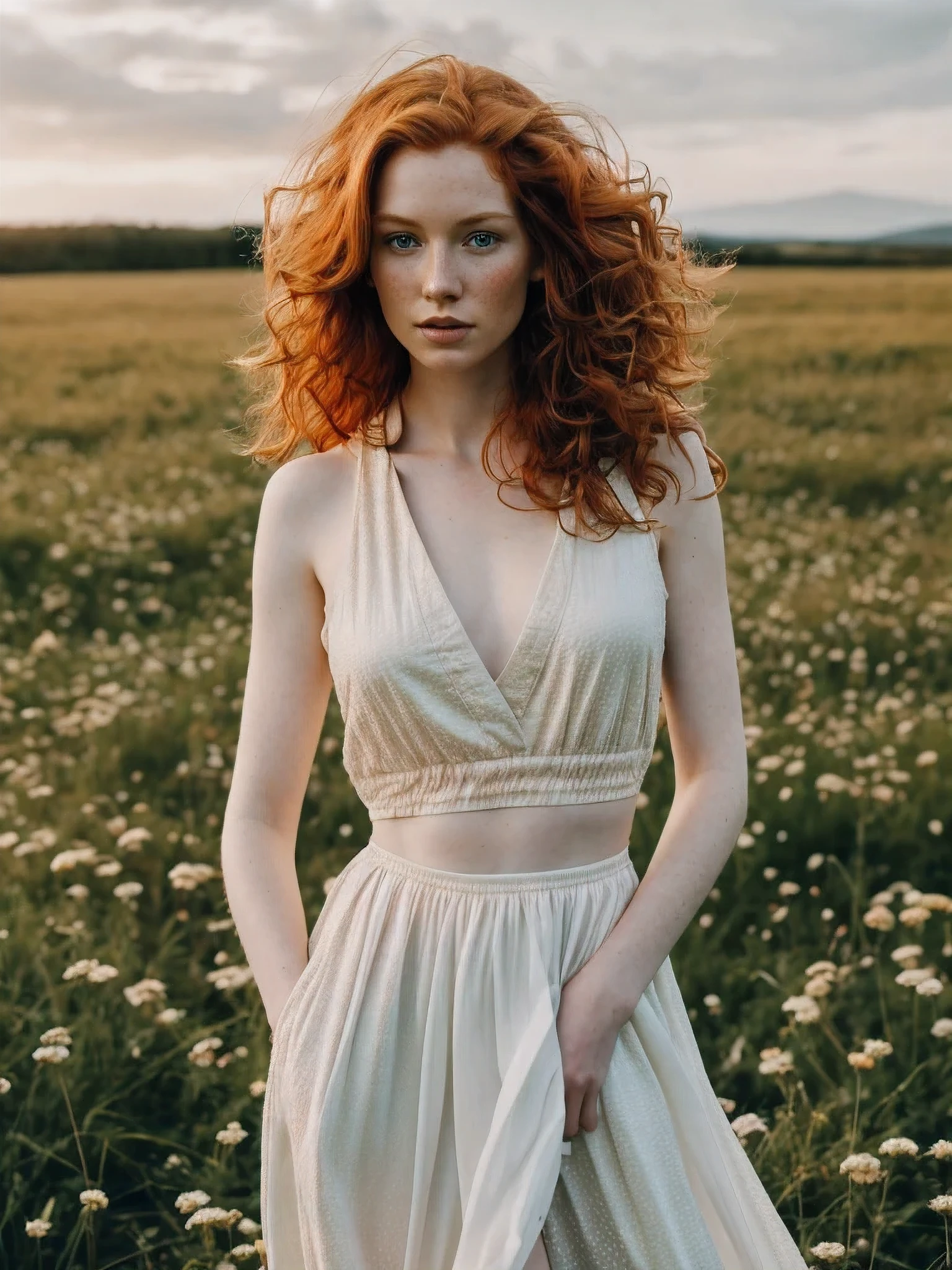 1woman in, age35, Solo, Aesthetic artwork, irish redhead, wavy ginger hair, shoulder length ginger hair, some small freckles, pale skin, small breasts, runners body, fullbody shot, imperfect skin, goosebumps, ager fashion, beautiful nature location, around flower location, (extremely detailed 8k wallpaper), soft lighting, high quality, film grain, Fujifilm XT3 sharp focus, f 5.6, 50mm, High Detail, Sharp focus,(natural light), (seductive), Realistic, ultra realistic, photo realistic, crazy details, complex details, hyper detailed,