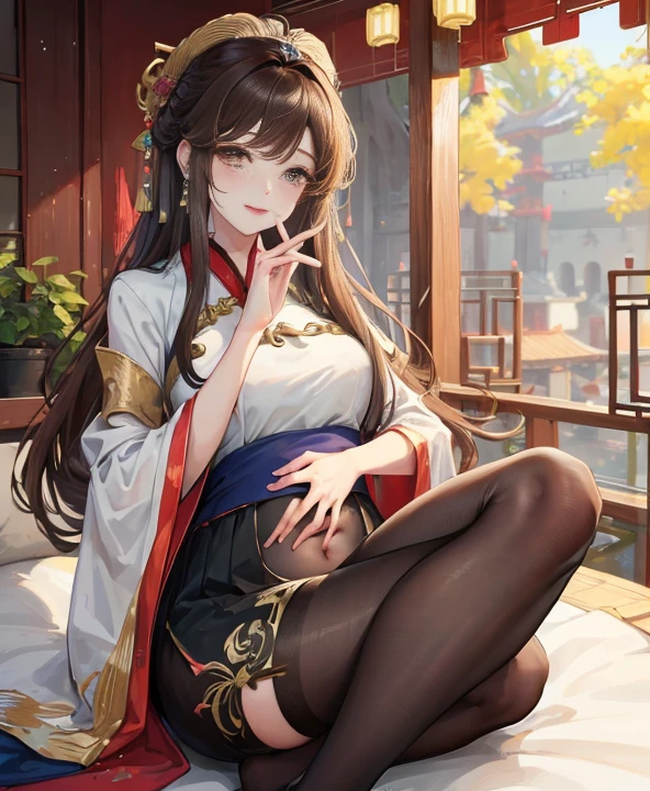 masterpiece, best quality, aldult, Chinese style,pregnancy ,China, elder sister, Smile, brown hair, princess cut, Full of motherhood,Hanfu,Pure affection,blush,Dignified yet lively,Mother,Place your hands on your stomach,Full of motherhood,Sexy,charming,Graceful and graceful,A thousand flavors,charming,With a royal air,long hair,With hairpins,长Hanfu,beautiful,beautiful,The hand caressed the belly,charming的,眼神Lovely,Lovely,Black tights,tall