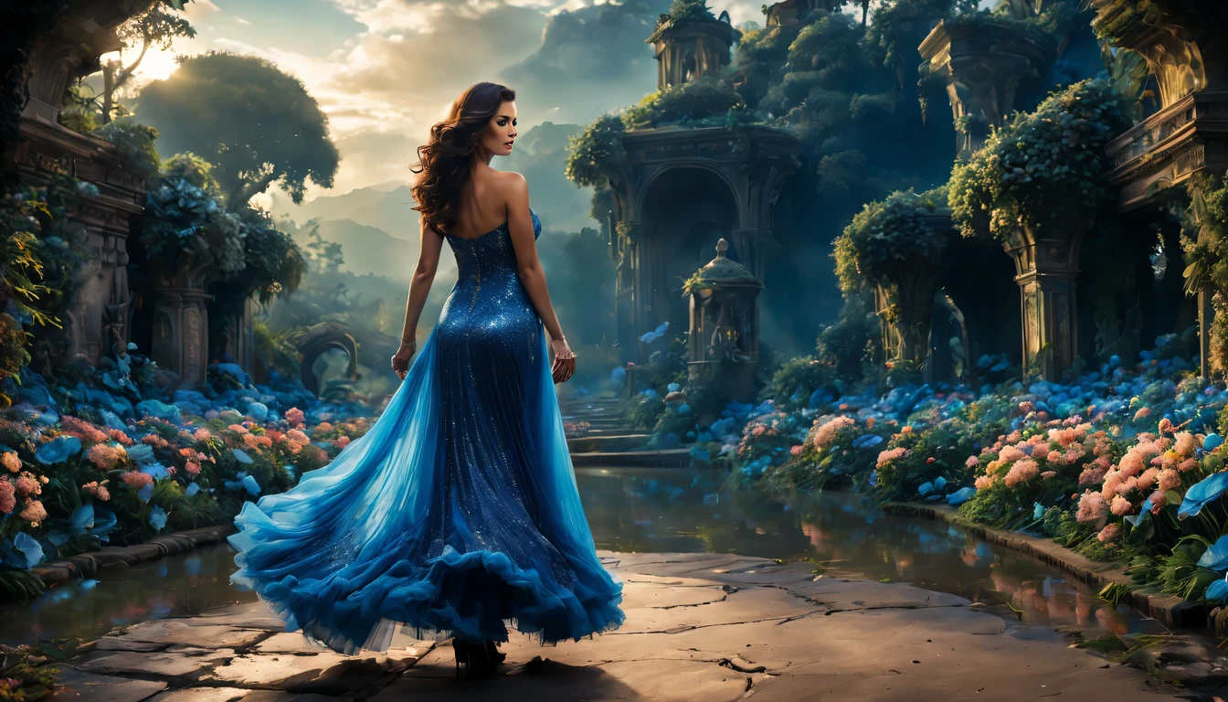 ccurate, best quality, master part, UHD, detalhes altos, Concedido, (Amazing:1.1), (surRealismo), arte conceitual, Realismo, Cinematic lighting, Floating ruins in the sky, (((belo jardim de flores))), horizonte, blue skies, Paradisiacal scenery, flor, fluxo de vento, (((fantasia))), fronteira, (magnificent space), blurry foreground, Bokeh, Hasselblad, Reflexo da lente, beautiful young lady (Catherina Zeta Jones), (27 anos), ((((corpo inteiro)))), from behind, she is dancing, sem olhar para mim, (((usando vestido longo Azul))), olhos negros, cabelos pretos, (cabelos flutuantes), ((8 tamanho natural)), penteados detalhados, linha de corpo detalhada, anatomicamente correto,