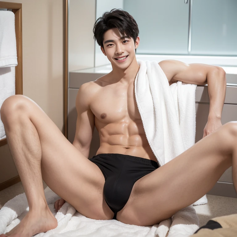 Sin Pantalon, 18 year old male with abdominal muscles, black hair,medium-length，Only wrapped in bath towel，Spread your legs apart，Facing the perspective, the huge genitals are revealed, perfect facial symmetry, Perfect nose, Handsome and bright smile, Almond eyes and Korea. One male, alone, individual, Handsome guy giggles. wolf cut. Single male, 一individual，