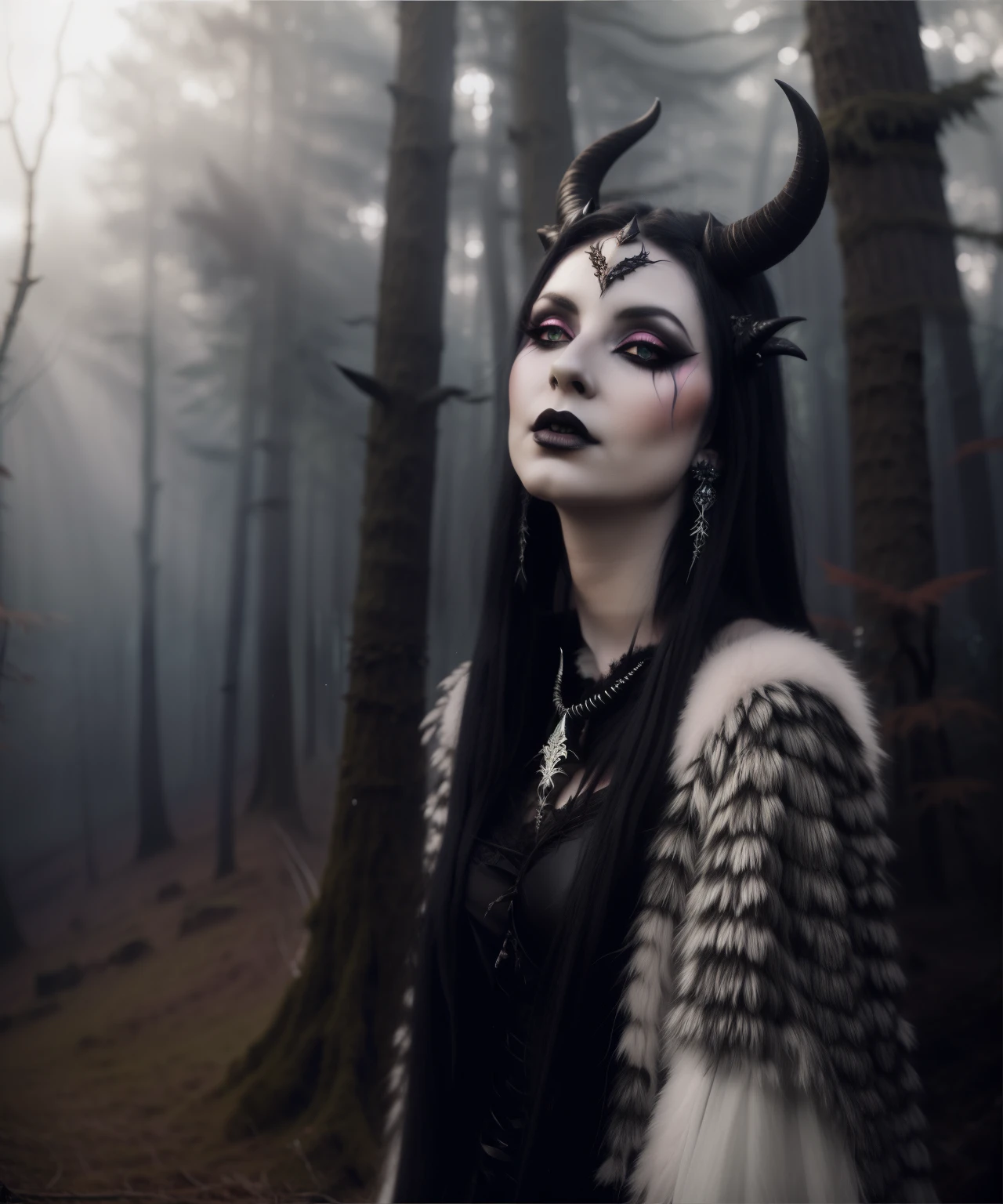 arafed woman with horns and makeup in a forest, with horns, fantasy photoshoot, demon queen with white horns, beautiful elegant demon queen, Gothic shaman maiden, dark fantasy style, Portrait of a dark fantasy nymph, succubus | medieval, alluring tiefling druid, fantasy character photo, tiefling, Portrait of a dark fantasy, Dark Fairies