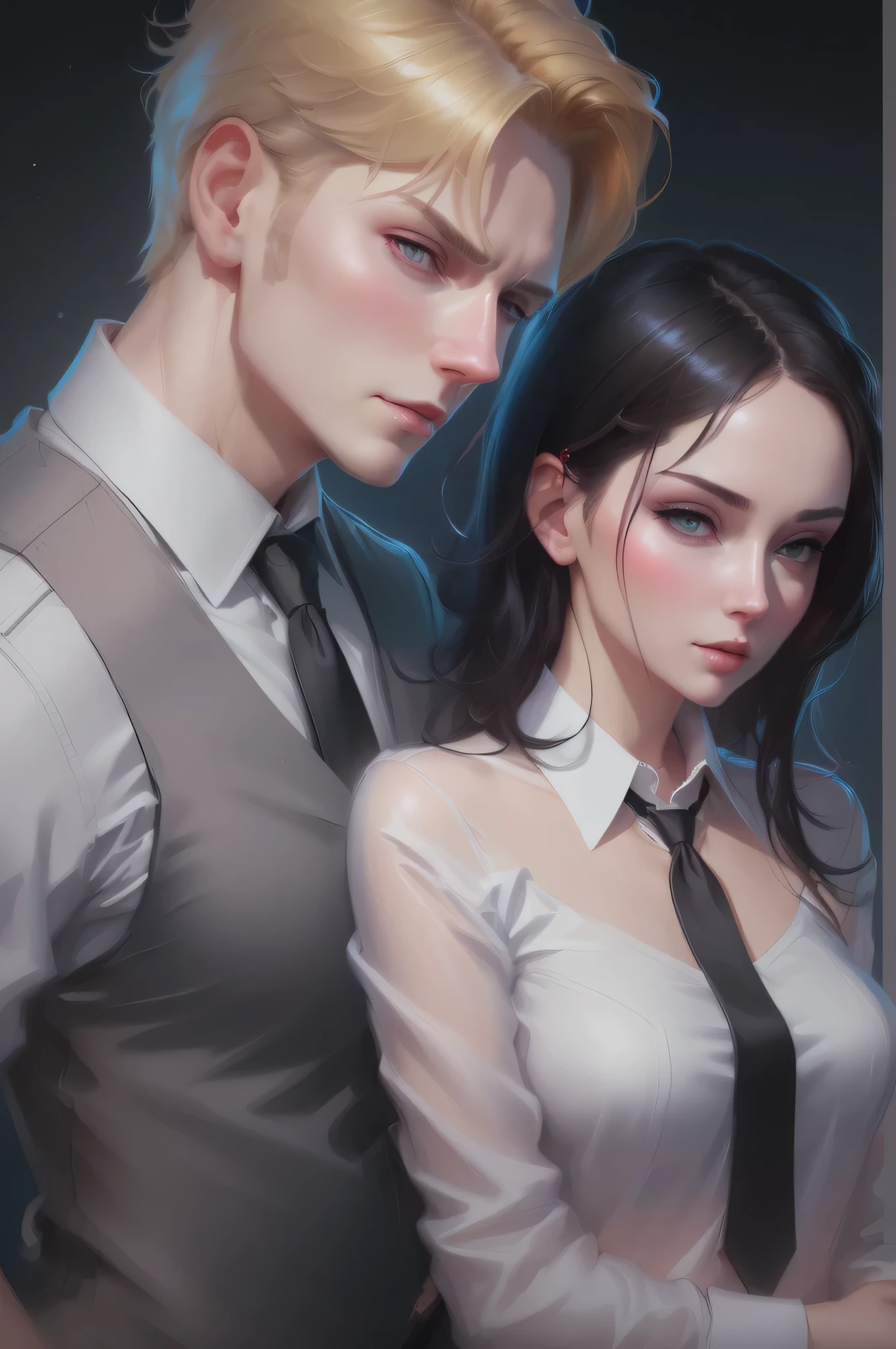 Two people stand side by side.,  (male: blonde hair, Short hair) (female: black hair, Short hair), Works inspired by Yanjun Cheng, Guweiz style art work, realistic art style, realistic digital art 4k, realistic digital art 4k, romalece novel cover, Flop and Andrey Ryabovichv, [ 4K Digital Art ]!!, Charlie Bowater and Tom Backshaw