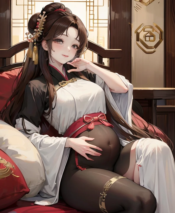 masterpiece, best quality, aldult, Chinese style,Just got pregnant ,China, elder sister, Smile, brown hair, princess cut, Full of motherhood,China传统服饰,Pure affection,blush,Dignified yet lively,Mother,Place your hands on your stomach,Full of motherhood,Sexy,charming,Graceful and graceful,A thousand flavors,charming,With a royal air,long hair,With hairpins,Long Hanfu,beautiful,beautiful,The hand caressed the belly,charming的,眼神Lovely,Lovely,Black tights,Tall and tall