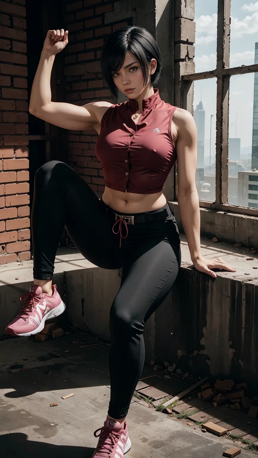 Muscular Woman, defined body, developed body, Kung Fu Fighter, Red blouse with buttons, long black pants of black color,, Black belt on the waist, spiky hair, short hair of black color (Hair with pink locks at both ends), Wrestler's shoes, Expression of fatigue, Sitting on the burden of an old warehouse, Abandoned warehouse inside, medieval setting.