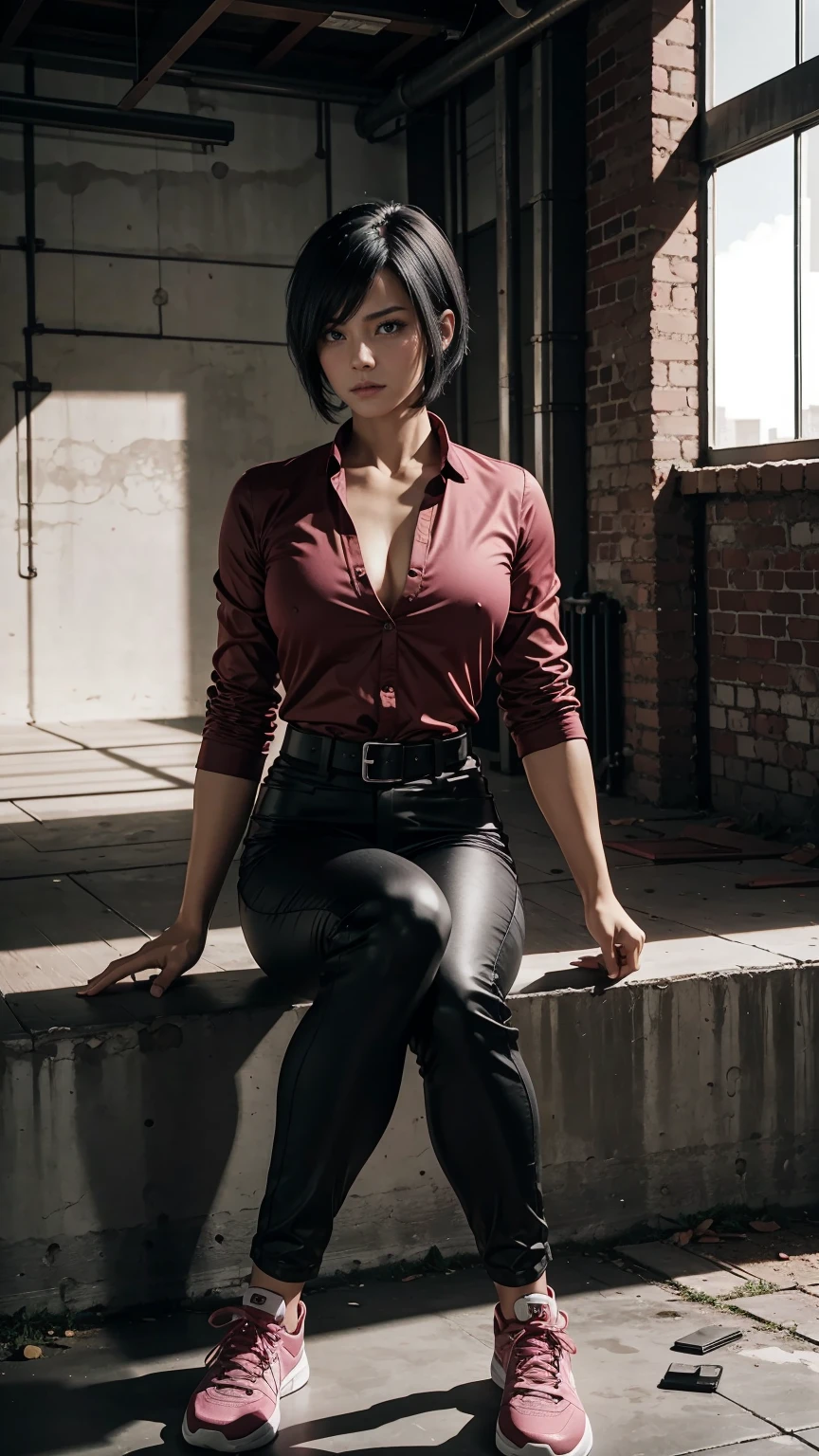 Muscular Woman, defined body, developed body, Kung Fu Fighter, Red blouse with buttons, long black pants of black color,, Black belt on the waist, spiky hair, short hair of black color (Hair with pink locks at both ends), Wrestler's shoes, Expression of fatigue, Sitting on the burden of an old warehouse, Abandoned warehouse inside, medieval setting.