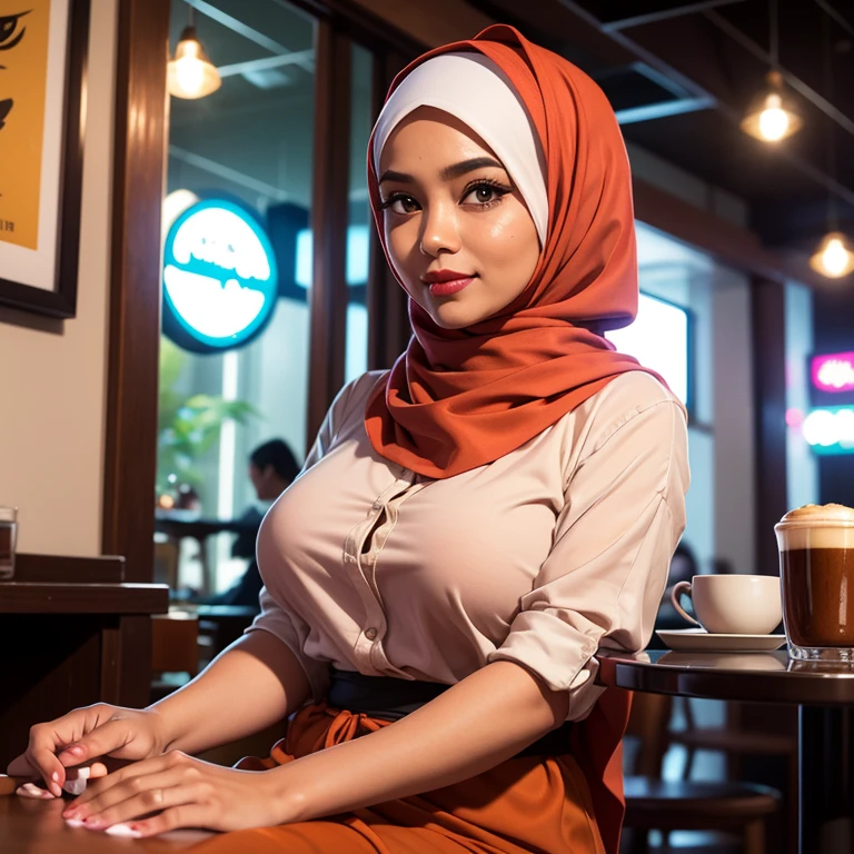 Half body portrait of a 33 years old malay woman sit in front of giant mirror, wearing hijab, wearing peach blouse with satin green slack, narrow waist, indoor shot, looking up at coffee shop sign, soft lighting, smirk face, circle bokeh , big breast, catwalk, morningtime, surrounded by a comfortable, cool atmosphere, looking at the viewer. (Skin details:1.3), hairy hands, Hijab, slim, red lips, seductive with bokeh camera background