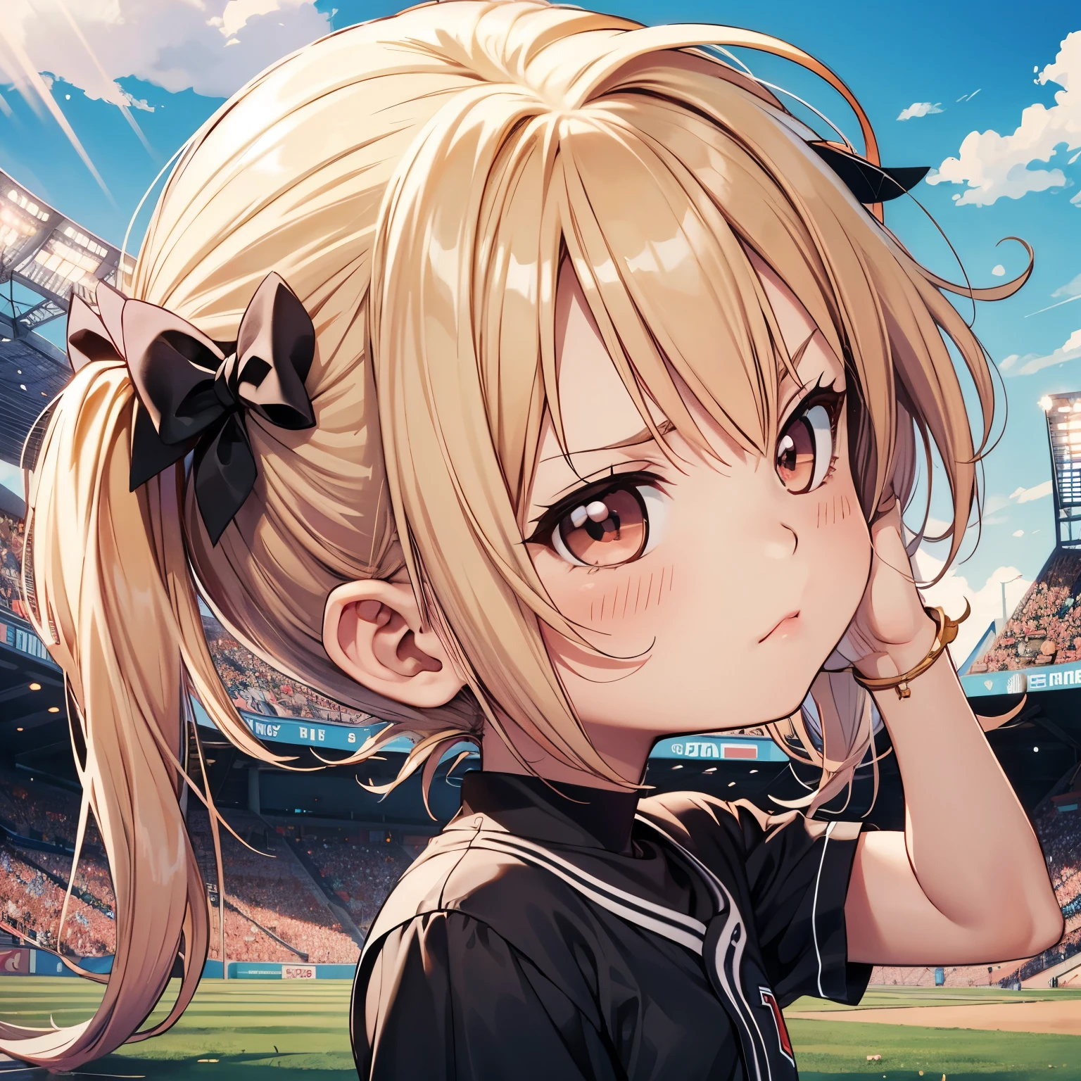 ((chibi:1.5)), (masterpiece), (best quality), high resolution, ultra detail, photorealistic, 8K
BREAK
1 girl, solo, twintails, long hair, blonde hair, bangs, bow, from side, looking side, baseball uniform
BREAK
laser beam from hand, the beam's reaches far away, starting from hand, angry, dynamic pose, dynamic angle, baseball Ground