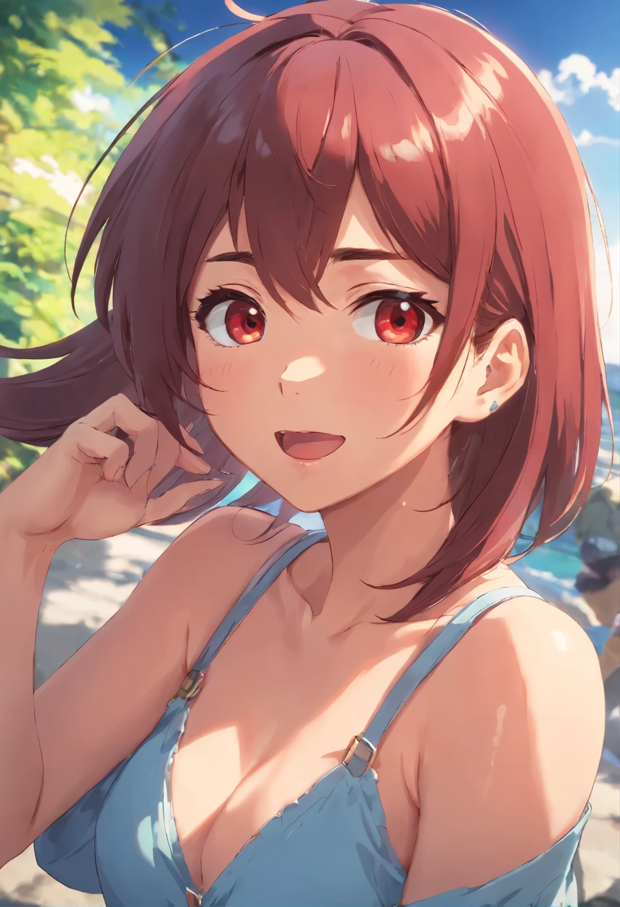 (best quality,highres,masterpiece:1.2),ultra-detailed, long_the hair, doggy hor ears, Brown the hair, through bangs, Red eyed, smile, doggy_girl, Avak, mediuml breasts, The face is red, Upp_body, the hair_between_eyed, exceedingly_long_the hair, deactivate_beaks, lookingat_show on_Peek at viewerackground with, first-person view,cowboy shot,petite,wariza, cleavage, open_mouth, tongue, tongue_out