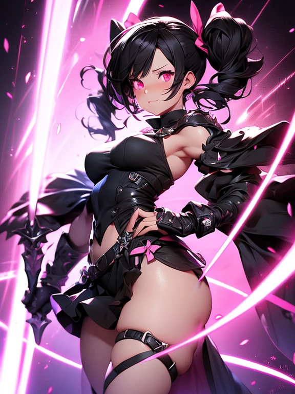 Giantess muscly cute gentle magical girl with twintail black hair, pink clothes