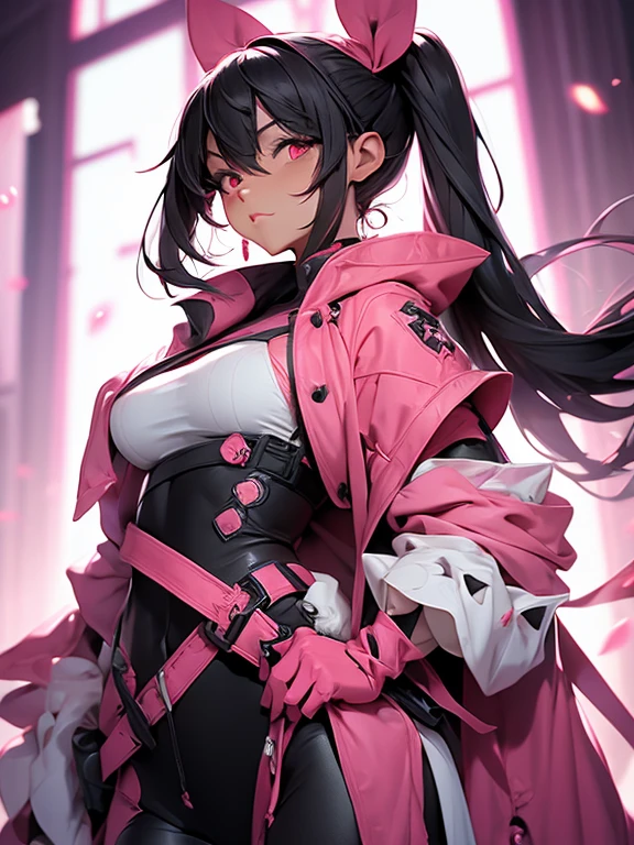 Tall (Giantess:1.1), athleic, (muscly:1.3), cute gentle magical girl with twintail black hair, pink clothes, (skirt:1.5)