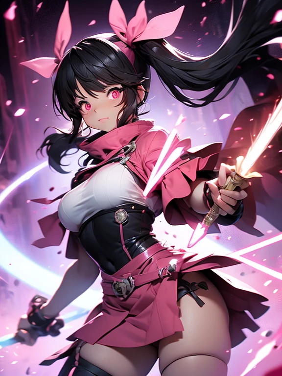 Giantess muscly cute gentle magical girl with twintail black hair, pink clothes