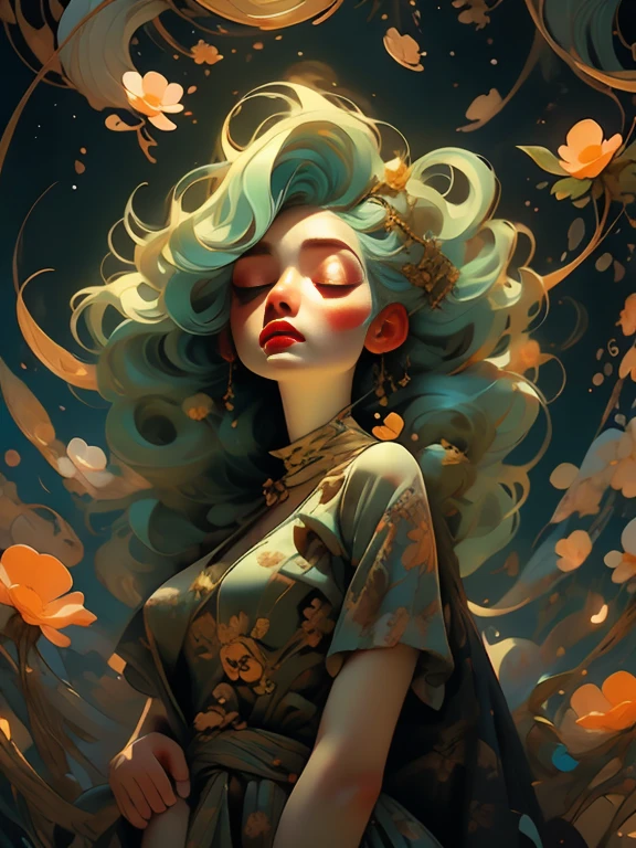 woman floating in the air, (multi-color hair), limp body, asleep, vibrant opalescent lighting, flecks in the air, dynamic lighting, warm color pallet, knit, brocade, gold carp, strange black fish, poppies, swirling air movement, wide angle, full body view, loose fabric, geometric shapes, small breasts, sherbet, persimmon, up-do hair
