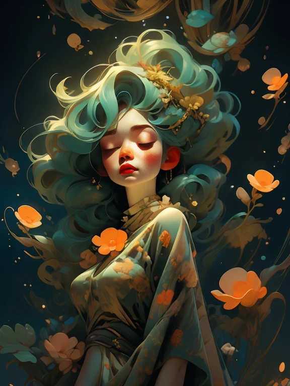 woman floating in the air, (multi-color hair), limp body, asleep, vibrant opalescent lighting, flecks in the air, dynamic lighting, warm color pallet, knit, brocade, gold carp, strange black fish, poppies, swirling air movement, wide angle, full body view, loose fabric, geometric shapes, small breasts, sherbet, persimmon, up-do hair