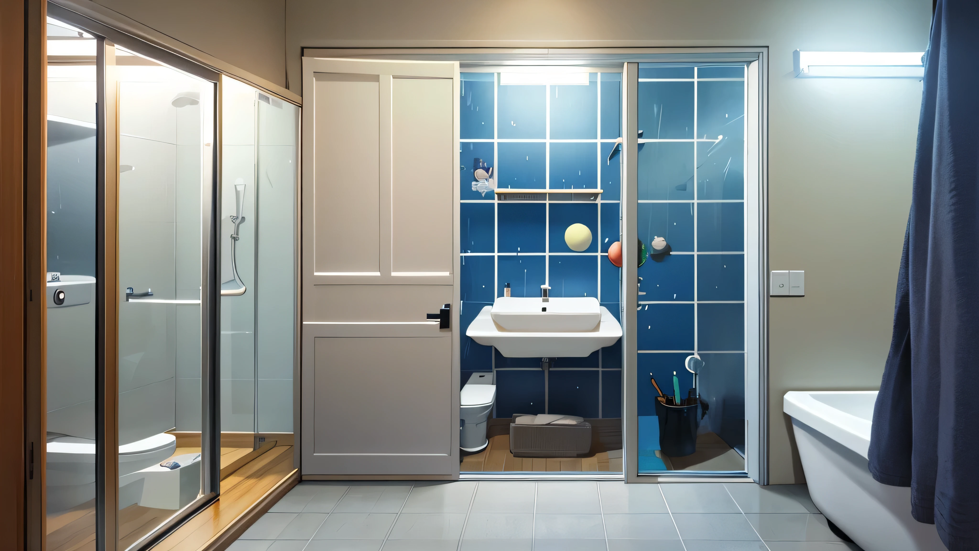 an anime bathroom for nerd; laptop, phone, cute, far away camera, closet, window, night outside, raining, basketball ball on the floor, bathtub, sink, toilet