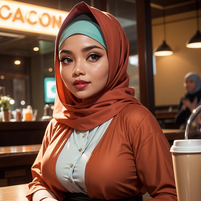 Half body portrait of a 33 years old malay woman sit in front of giant mirror, wearing hijab, wearing peach blouse with satin green slack, narrow waist, indoor shot, looking up at coffee shop sign, soft lighting, smirk face, circle bokeh , big breast, catwalk, morningtime, surrounded by a comfortable, cool atmosphere, looking at the viewer. (Skin details:1.3), hairy hands, Hijab, plump, red lips, seductive with bokeh camera background