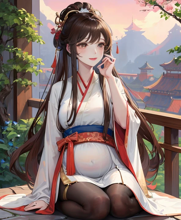 masterpiece, best quality， aldult, Chinese style,pregnancy ，China, elder sister,  Smile, brown hair, princess cut, Full of motherhood，China传统服饰，Pure affection，blush，Dignified yet lively，Mother，Place your hands on your stomach，Full of motherhood，Sexy，charming，Graceful and graceful，A thousand flavors，charming，With a royal air，long hair，With hairpins，Long Hanfu，beautiful，beautiful，The hand caressed the belly，charming的，眼神Lovely，Lovely，Black tights，tall