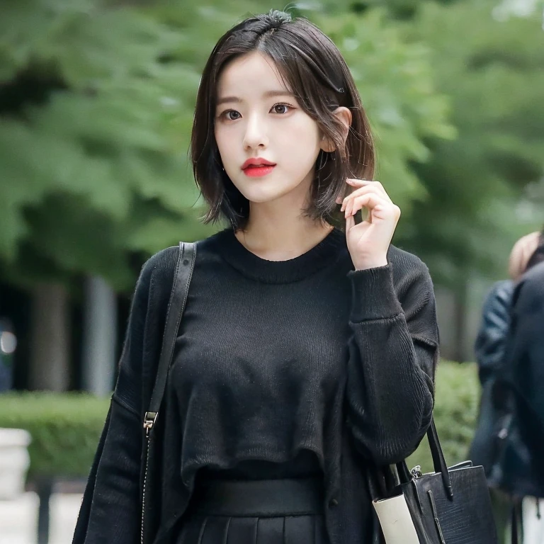 1 girl, short hair, black sweater, long skirt, plump breast. Park background. Full body. Full body view.