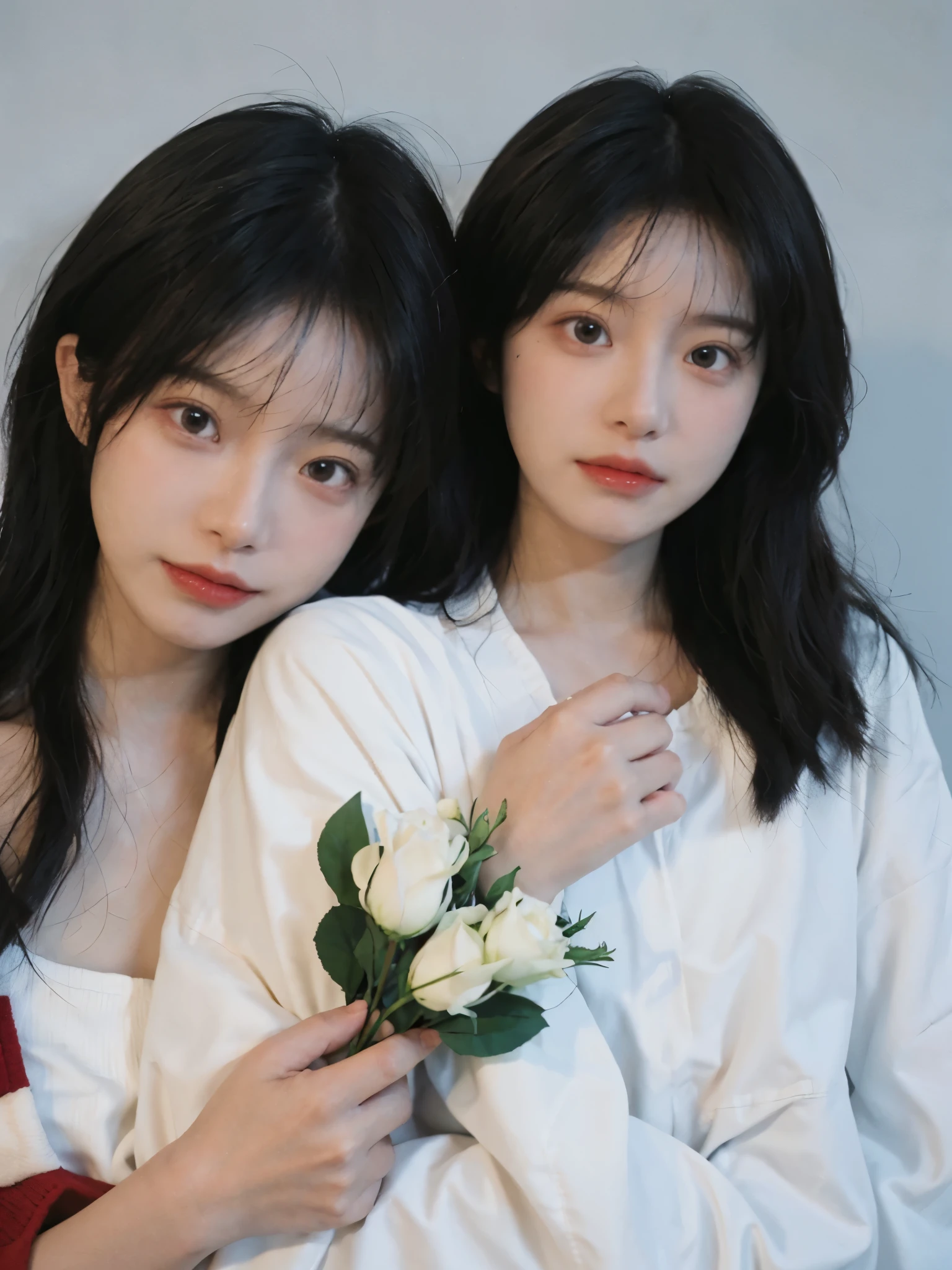 best quality, ultra high resolution, White background,(realistically:1.4), 2 girls, White leather clothes,twin? Red rose,A pair of eyes as clear as snow,Royal sister,looking at the audience, close up ,