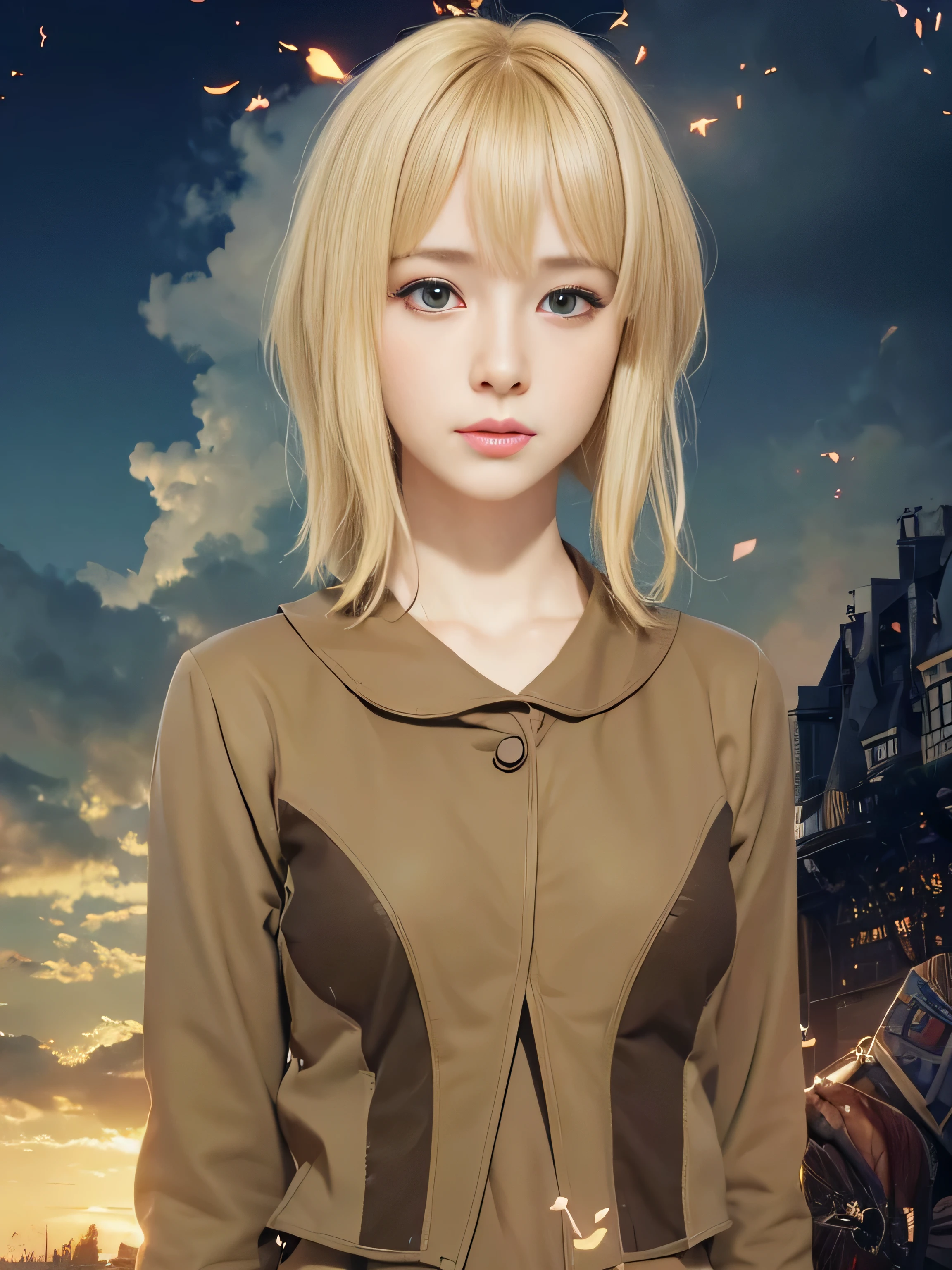 masterpiece, best quality, (realistic,photo-realistic:1.4), (RAW photo:1.2), extremely detailed CG unity 8k wallpaper, delicate and beautiful, amazing,finely detail, official art, absurdres, incredibly absurdres, huge filesize, ultra-detailed,extremely detailed eyes and face,light on face,little smile,(blonde hair:1.4),short hair,sunrise background,volet evergerden,brown uniform