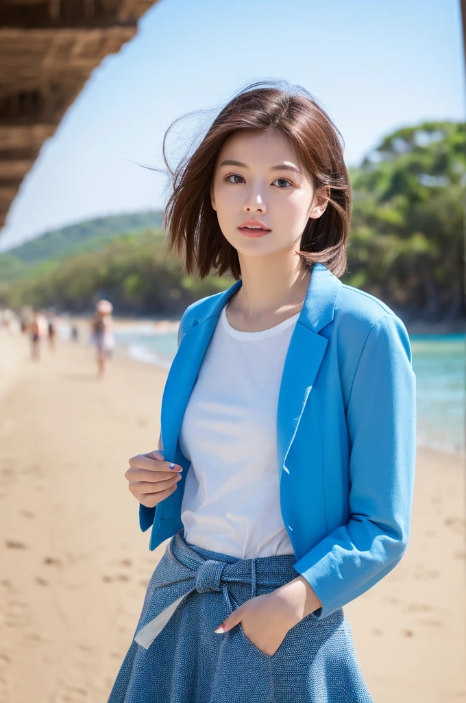 realistic, High resolution, soft light,1 female, Walking alone, shining white skin, (detailed face), thin legs, Clear and beautiful features, the most beautiful in the world、bob hair, blue hair, blue eyes, (blue blazer), white t-shirt, Blue belt, white mini skirt, sandy beach