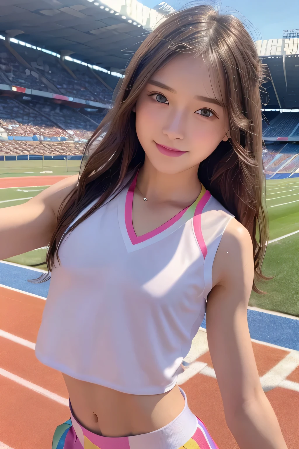 pieces fly、masterpiece、highest quality、Super detailed、High resolution、High resolution、8K portrait、unity 8k wallpaper、Detailed CG、unity 8k wallpaper、Detailed CGユニティ8kの壁紙、realistic、real person、portrait photography、shiny skin、（:1.2）、High resolution、beautiful clear eyes、very detailed explanation、delicate face、cute face、nice lips、thin waist、thin legs、1 girl、(athletics stadium:1.5)、((flat chest:1.5))、(colorful sleeveless track and field uniform:1.5)、(abs:1.4)、(Swelling of the nipples:1.4)、(smile)、(wavy hair)