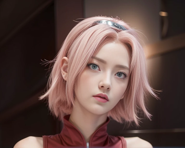 young woman, porcelain skin, short bubblegum pink hair, wide forehead, thin pink eyebrows, big emerald green eyes, buttoned nose, big peach lips, heart-shaped face, long thin neck, red clothes, bare shoulders, Sakura Haruno, realism, 3d