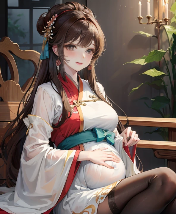 masterpiece, best quality, aldult, Chinese style,pregnancy ,China, elder sister, Smile, brown hair, princess cut, Full of motherhood,China传统服饰,Pure affection,blush,Dignified yet lively,Mother,Place your hands on your stomach,Full of motherhood,Sexy,charming,Graceful and graceful,A thousand flavors,charming,With a royal air,long hair,With hairpins,Long Hanfu,beautiful,beautiful,The hand caressed the belly,charming的,眼神Lovely,Lovely,Black tights,tall