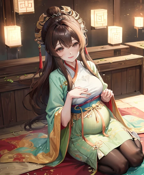 masterpiece, best quality, aldult, Chinese style,pregnancy ,China, elder sister, Smile, brown hair, princess cut, Full of motherhood,China传统服饰,Pure affection,blush,Dignified yet lively,Mother,Place your hands on your stomach,Full of motherhood,Sexy,charming,Graceful and graceful,A thousand flavors,charming,With a royal air,long hair,With hairpins,Long Hanfu,beautiful,beautiful,The hand caressed the belly,charming的,眼神Lovely,Lovely,Black tights,tall
