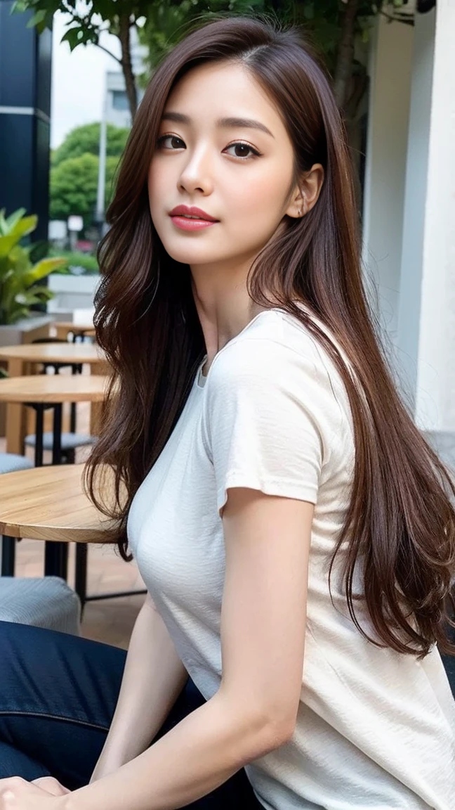 dark brown hair、light brown eyes、Japanese actress face、 Lady、i look like him&;I'm about 40 years old.、(intricate details:1.2)、(highest quality:1.4)、 (ultra high resolution:1.2)、ultra high resolution、(detailed eyes)、(detailed facial features)、ticker、8K resolution、D cup size breasts、long hair、singapore terrace restaurant、view of singapore、Sit comfortably on a sofa on the terrace of a cafe with a beautiful view..、relaxing、lean against the backrest、Pale tone clothing、He lifts his chin slightly and looks at me sideways.、